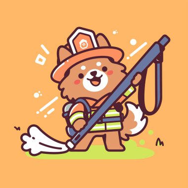 İtfaiyeci ile sevimli köpek. çizgi film illüstrasyonu.