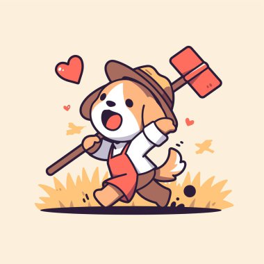 Güzel köpek elinde sopayla tarlada yürüyor.