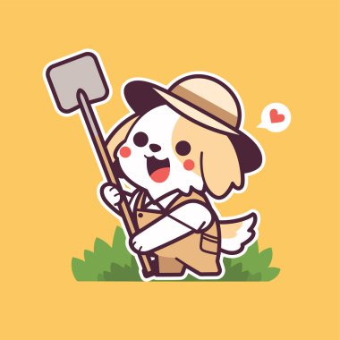 Kürek ve kürekle çizilmiş sevimli bir köpek. Beyaz arkaplanda izole edilmiş vektör illüstrasyonu.