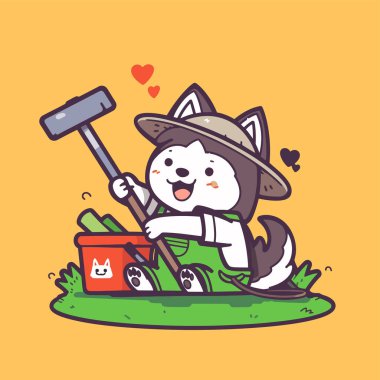 Sevimli çizgi film karakteri. Elinde kürek olan çizgi film kedisinin vektör çizimi. Şirin kedi evin bahçesinde duruyor..
