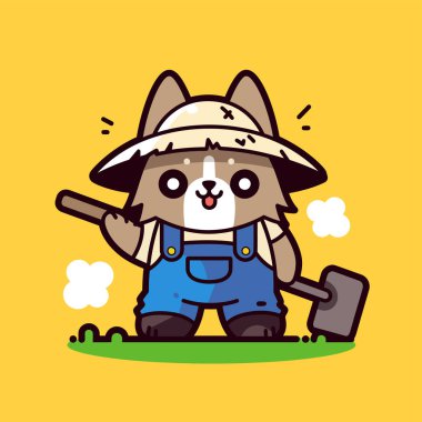 Şapkalı, elinde kürek olan ve sırtında kürek tutan şirin bir çiftçinin resmi.