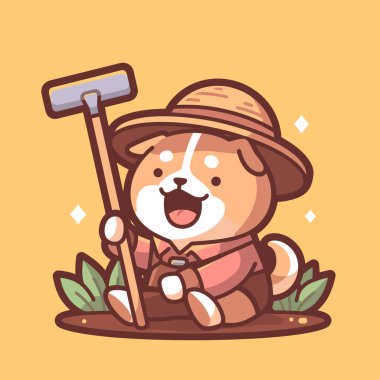 Sevimli bir köpeğin kova ve kürek tutarken çekilmiş şirin bir çizgi filmi. vektör illüstrasyonu