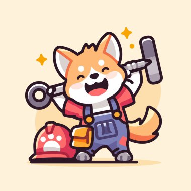 Kaskında kürek olan şirin bir tilki. çizgi film illüstrasyonu.