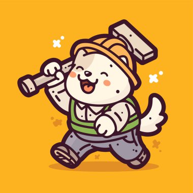 Çekiç tutan ve gülümseyen sevimli Asyalı kedi çizgi filmi. vektör karikatür çizimi beyaz arkaplanda izole edildi.