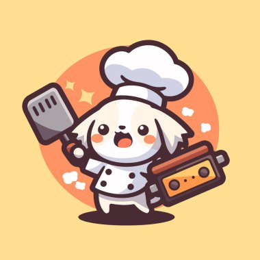vektör şirin kawaii şef çizgi filmi köpek ve şef ellerinde spatula, pembe arka planda izole edilmiş.