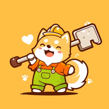 Kürek ve kürekle sevimli bir köpek. vektör çizgi film karakteri çizimi. izole.