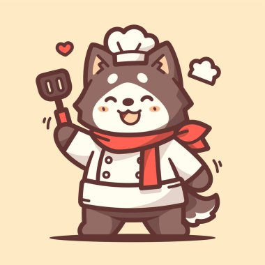 Elinde spatulası, çatallı kaşığı ve dili olan sevimli çizgi film şefi köpeği. Logo, etiket, kart için uygun