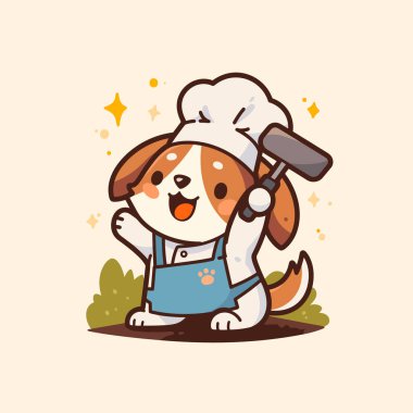 Şef şapkalı şirin köpek. hayvan çizgi film vektör illüstrasyonu.