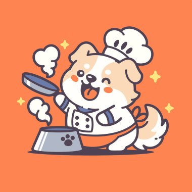 Tatlı çizgi film şefi köpek pişiriyor. Yemek pişirmek ve pişirmek. vektör illüstrasyonu