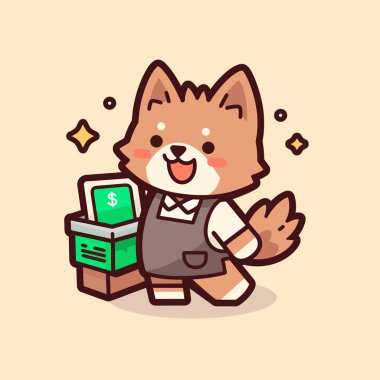 Bir kutu yiyecek tutan sevimli bir köpek. karikatür vektörü. Kawaii karakteri. arkaplanda izole edilmiş.