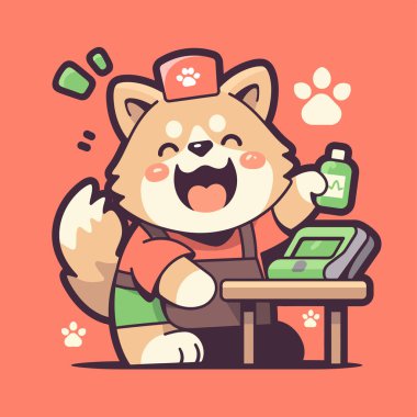 Elinde tablet olan sevimli bir çizgi film köpeği. vektör düz tasarımı.