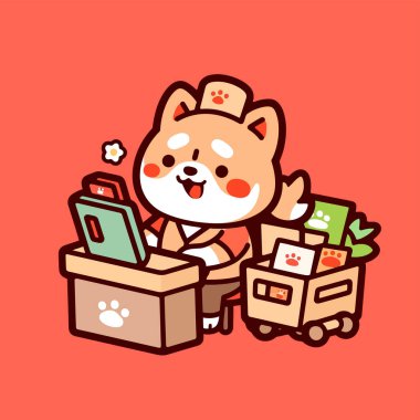 Kutuları ve kutuları olan sevimli bir köpek. Kawaii sevimli çizgi film karakteri. vektör izole çizimi