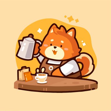 Çay ve çayla küçük sevimli bir köpek. Çocuklar için hayvan vektör illüstrasyonu, çocuk odası, çocuk odası, poster, çocuk odası, kart,