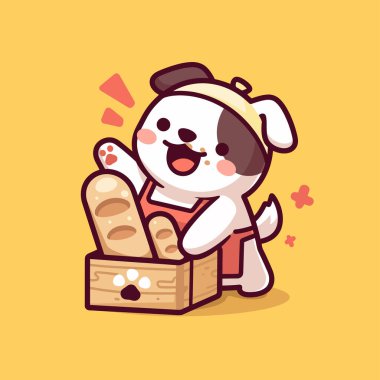 Bir kase ekmek tutan sevimli bir köpek. çizgi film karakteri çizimi.