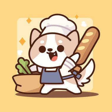 Bir sepet dolusu yiyecek ve köpek tutan sevimli çizgi film şefi. Kawaii karakteri. vektör illüstrasyonu