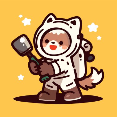 Köpeği elinde tutan sevimli bir astronot. vektör illüstrasyonu