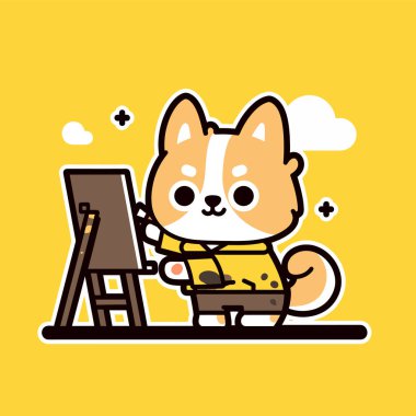 Elinde dizüstü bilgisayar olan bir köpek. vektör illüstrasyonu.