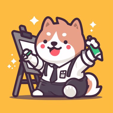 Köpek ressamı maskot tasarımı. Beyaz arkaplanda izole edilmiş vektör illüstrasyonu.