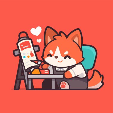 Güzel bir çizgi film karakteri, fırçası ve paleti olan sevimli bir kedi.