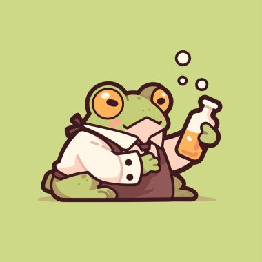 Çizgi film karakteri komik kurbağa çizgi film şapkasında bira içiyor..