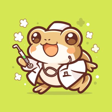 Steteskoplu ve mutlu gülümseyen sevimli kurbağa karakteri..