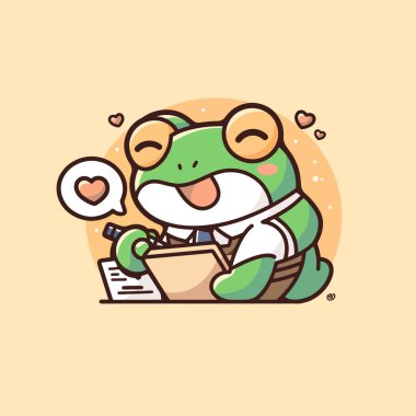 Bir bardak büyüteç ve bir fincan kahveyle sevimli çizgi film kurbağası..