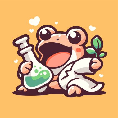 Çizgi film tasarımı. Kurbağa tutarken ve suyun fotoğrafını çekerken.