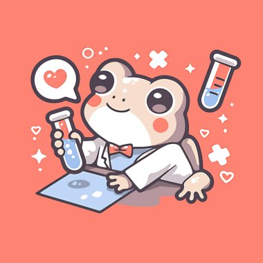 Test tüpleri ve pembe arka planda steteskopu olan sevimli küçük bir tavşan.