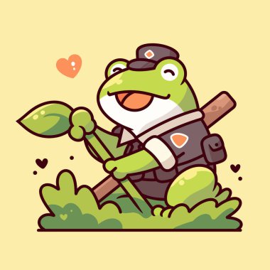 Çizgi film karakterinde çiçek ve sopalı şirin bir kurbağa. vektör illüstrasyonu.