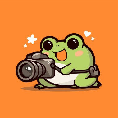 Kameralı sevimli komik kurbağa. Beyaz arkaplanda izole edilmiş vektör çizimi. çizgi film karakteri illüstrasyon simgesi.
