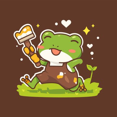 Pasta tutan sevimli bir kurbağanın çizimi. çizgi film biçimi.