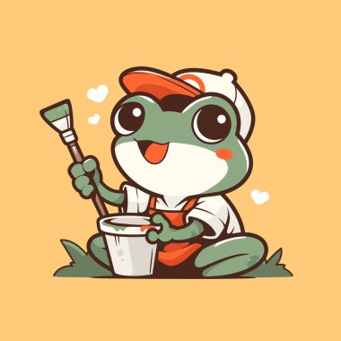 Şapkalı ve fincanlı şirin kurbağa. vektör illüstrasyonu.