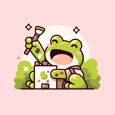 Bir fincan çay tutan şapkalı şirin kurbağa.