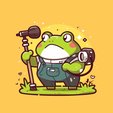 Akıllı telefon ve dürbün kullanan sevimli kurbağa karakterinin vektör çizimi.