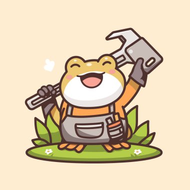 Kürekle sevimli kurbağa maskotunun vektör çizimi