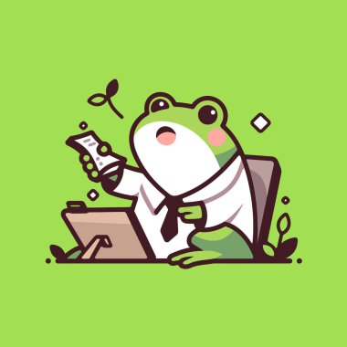 Şirin çizgi film çizimleri sevimli kurbağa oturuyor ve büyüteçle kitap okuyor. Eğitim kavramı, çevrimiçi eğitim, öğrenim ve