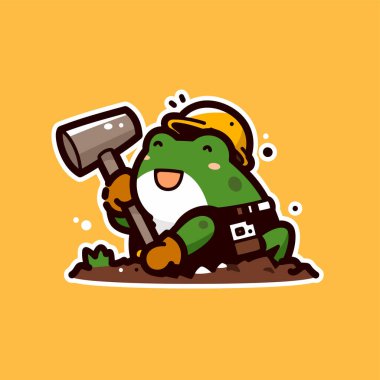 Beyaz arka planda balta ve küreği olan sevimli kurbağa çizgi film karakteri. vektör illüstrasyonu.