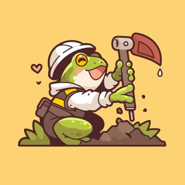 Elinde kürekle balta tutan sevimli kurbağanın vektör çizimi.