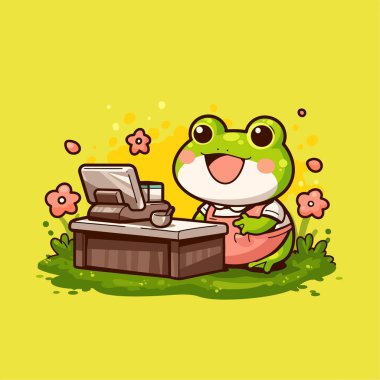 Dizüstü bilgisayarda oturan ve elinde çiçek tutan sevimli kurbağa.