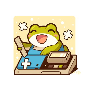 Hesap makinesi ve bir fincan çayla sevimli kawaii kurbağası. beyaz arkaplanda izole edilmiş çizgi film karakteri çizimi. vektör illüstrasyonu.