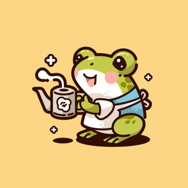 Elinde bir kupa çay tutan sevimli kurbağanın vektör çizimi