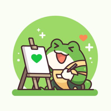 Kalem ve kalp çizimi olan sevimli ve komik bir kurbağa..