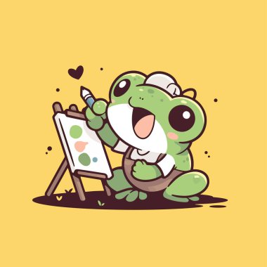 Kurşun kalem tutan ve beyaz arka planda oturan kurbağanın komik çizgi film karakteri. sevimli hayvan tasarımı.