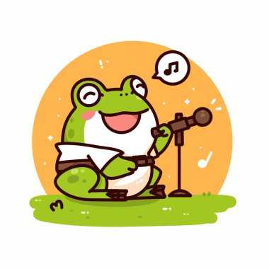 Küçük şirin kurbağa mikrofonla şarkı söylüyor. çizgi film karakteri.