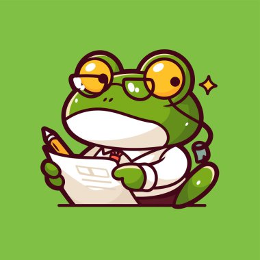 Gözlüklü bir kurbağa ve bir defter. Düz stilde komik bir karakter. resimleme.