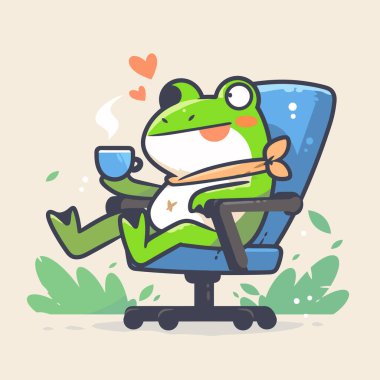 Oturup çay içerken ve elinde çay tutarken mutlu ol. vektör illüstrasyonu