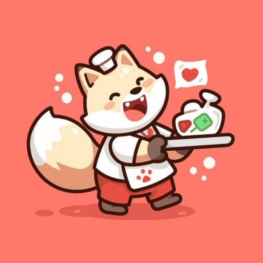 Yanında yiyecek ve çay olan sevimli bir köpek. Vektör çizimi. Kawaii karakteri. kawaii karakteri.