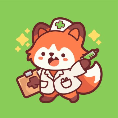 Şırıngalı bir kedi paltosu giymiş sevimli çizgi film karakteri.