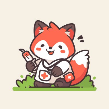 Şirin karikatür sevimli panda doktor elinde şırınga ve gülümsüyor.