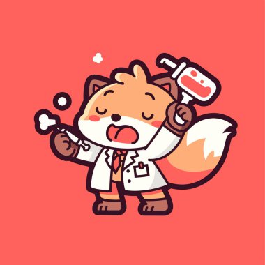 Deneme tüpü ve matarası olan küçük şirin bir köpeğin vektör çizimi